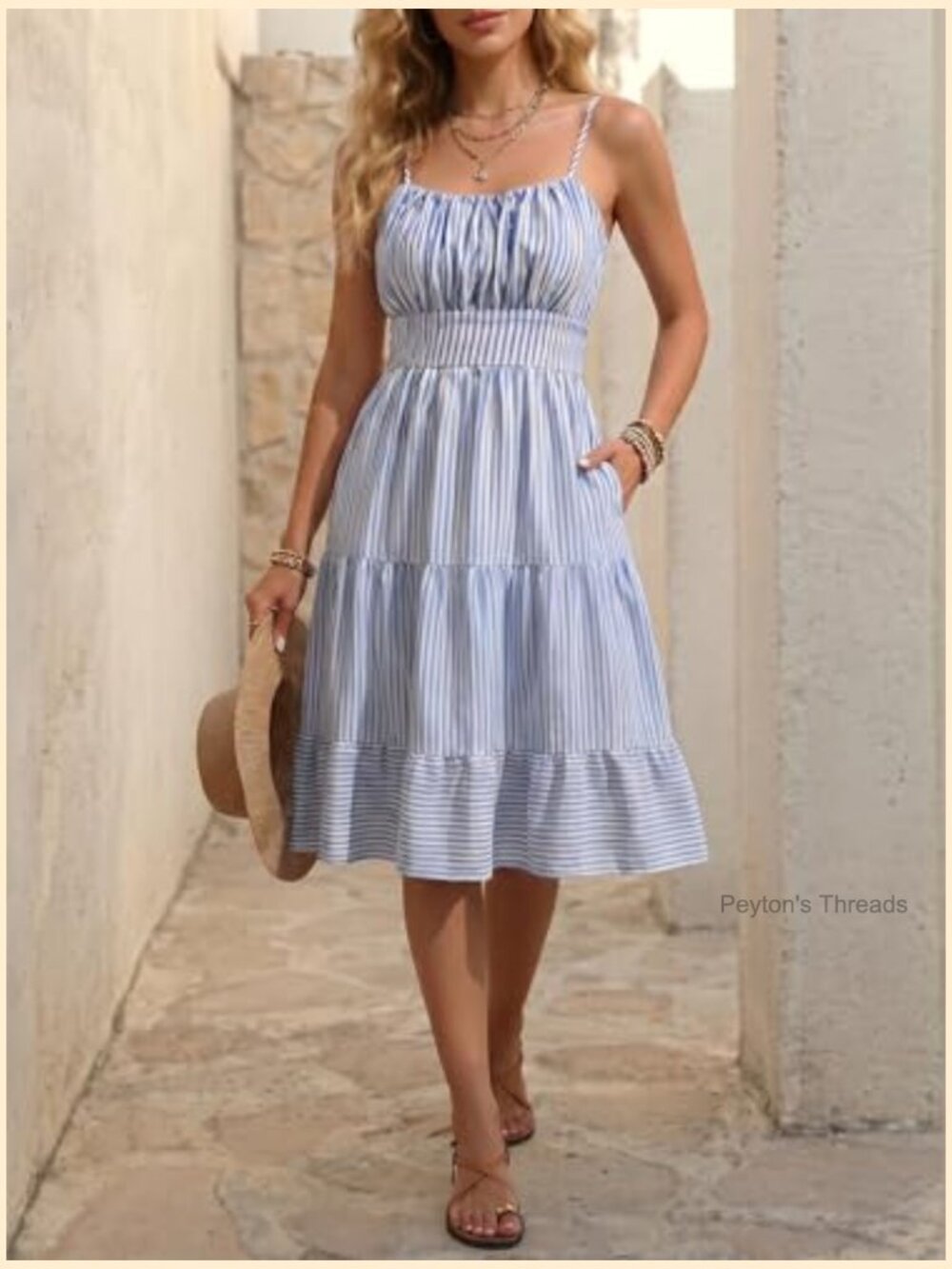 Striped Spaghetti Strap Mini Sundress, High Waist Ruffled - Picture 4 of 7